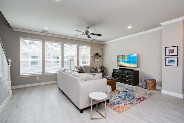 1912 Honey Mound Dr, Houston, TX 77080 - living area featuring light wood-type flooring, a ceiling fan, ornamental molding, and recessed lighting