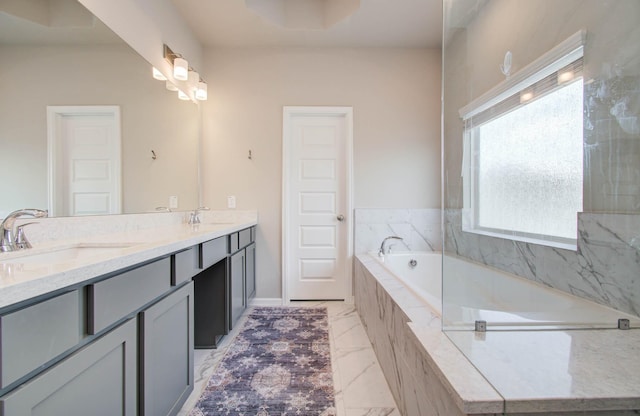 1912 Honey Mound Dr, Houston, TX 77080 - full bathroom featuring double vanity, a garden tub, and marble look tile flooring