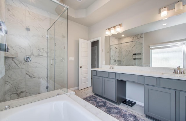 1912 Honey Mound Dr, Houston, TX 77080 - bathroom with marble finish floors, a marble finish shower, double vanity, and a bath