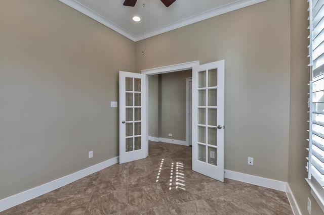 16803 Amelia Island Dr, Cypress, TX 77433 - unfurnished room with french doors, ornamental molding, and a ceiling fan