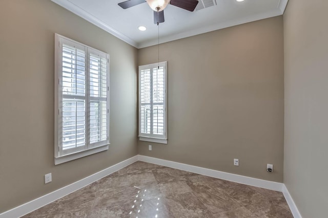 16803 Amelia Island Dr, Cypress, TX 77433 - empty room with crown molding, a ceiling fan, and recessed lighting