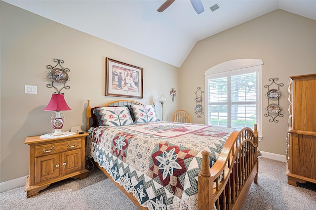 9427 Fern Wood Frst, Houston, TX 77040 - bedroom featuring light colored carpet, vaulted ceiling, and a ceiling fan