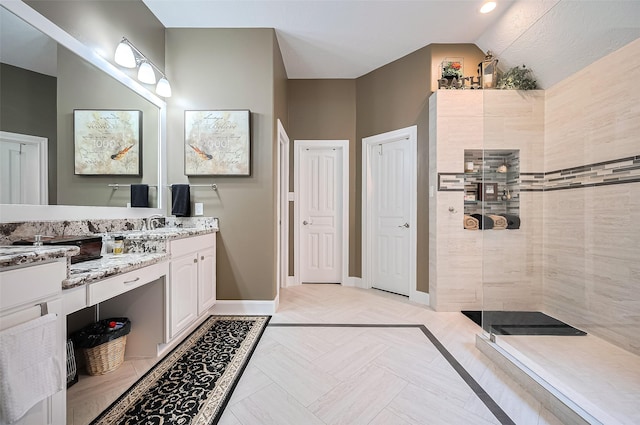 9427 Fern Wood Frst, Houston, TX 77040 - full bathroom with vanity, walk in shower, and lofted ceiling