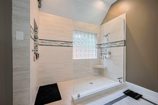 9427 Fern Wood Frst, Houston, TX 77040 - full bathroom with walk in shower, lofted ceiling, and tile patterned flooring