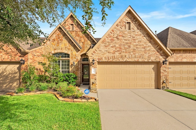 9707 Old Timber Ln, Spring, TX 77379 - view of front of property with concrete driveway, roof with shingles, brick siding, and a front lawn