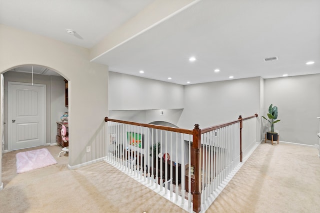 9707 Old Timber Ln, Spring, TX 77379 - hallway featuring carpet, recessed lighting, and arched walkways