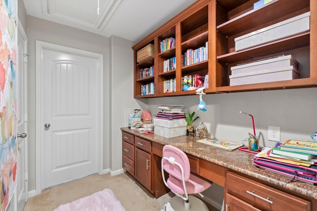 9707 Old Timber Ln, Spring, TX 77379 - office area featuring built in desk and light carpet