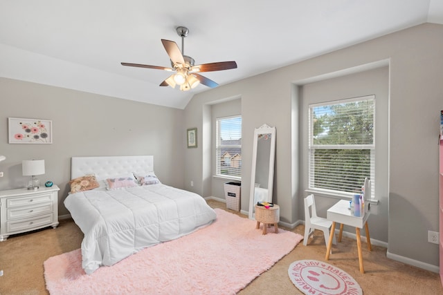 9707 Old Timber Ln, Spring, TX 77379 - bedroom with vaulted ceiling, light colored carpet, and ceiling fan