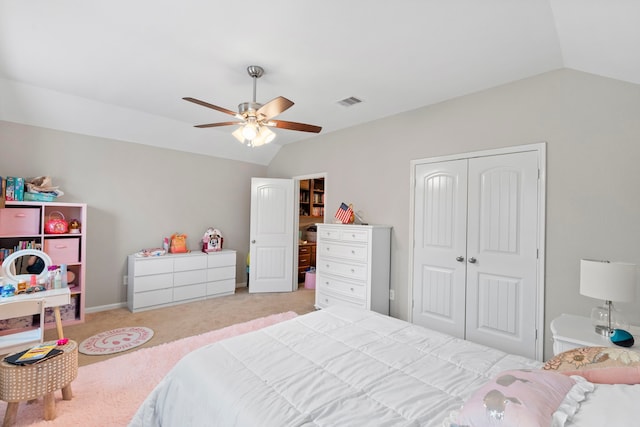 9707 Old Timber Ln, Spring, TX 77379 - carpeted bedroom featuring lofted ceiling, a closet, and a ceiling fan