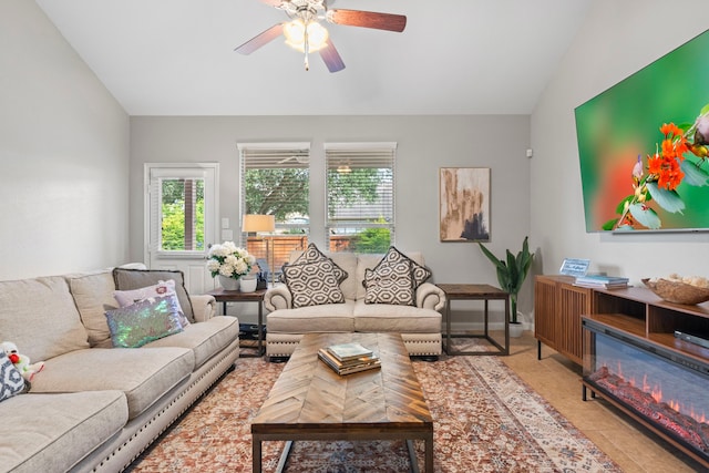 9707 Old Timber Ln, Spring, TX 77379 - living area with vaulted ceiling, plenty of natural light, and ceiling fan