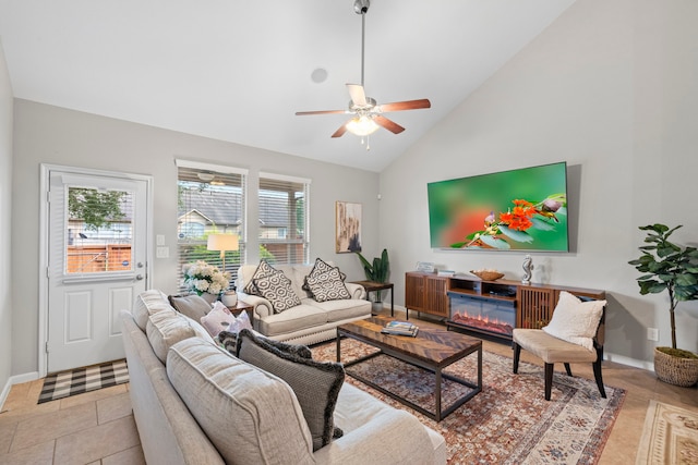 9707 Old Timber Ln, Spring, TX 77379 - living area with ceiling fan, tile patterned flooring, and high vaulted ceiling