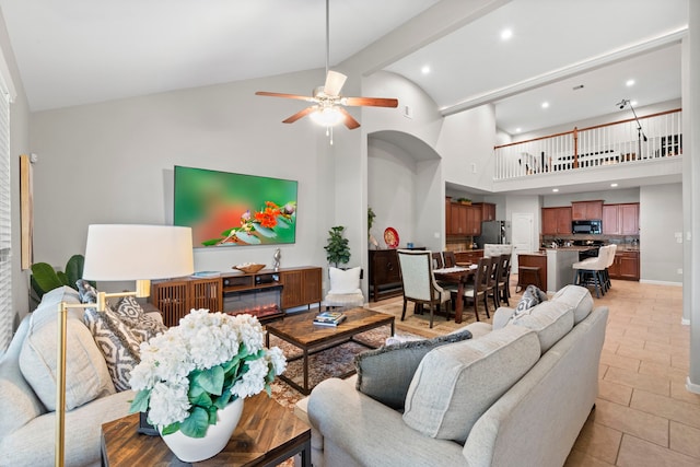 9707 Old Timber Ln, Spring, TX 77379 - living area featuring high vaulted ceiling, ceiling fan, beam ceiling, light tile patterned floors, and recessed lighting