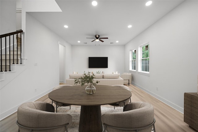 2012 Chew St, Houston, TX 77020 - dining room featuring recessed lighting, a ceiling fan, light wood-type flooring, and stairway