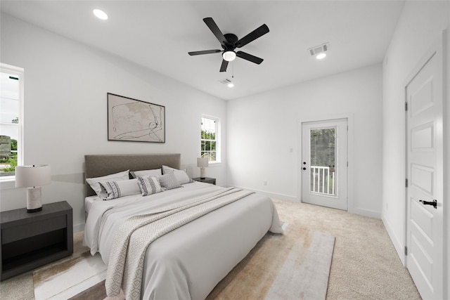 2012 Chew St, Houston, TX 77020 - bedroom featuring access to outside, recessed lighting, light carpet, and ceiling fan