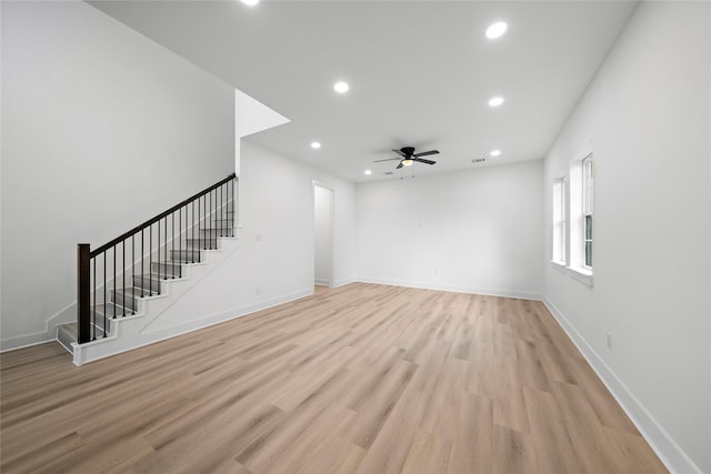 2012 Chew St, Houston, TX 77020 - unfurnished living room featuring stairway, recessed lighting, a ceiling fan, and light wood-style flooring