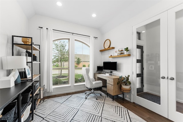 7202 Cordgrass Prairie Ln, Katy, TX 77493 - office space featuring wood finished floors, recessed lighting, vaulted ceiling, and french doors