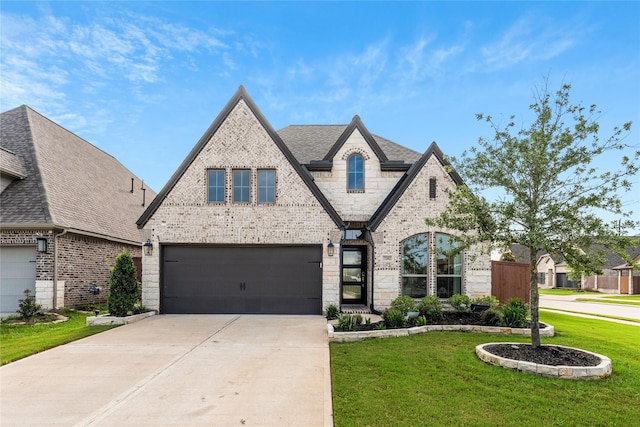 7202 Cordgrass Prairie Ln, Katy, TX 77493 - french country home with stone siding, concrete driveway, brick siding, a front yard, and an attached garage