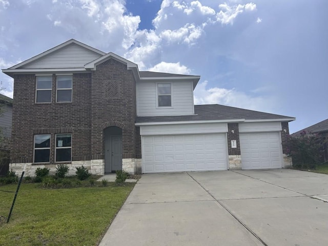 14217 Dream Rd, New Caney, TX 77357 - traditional-style home featuring concrete driveway, a front lawn, stone siding, and brick siding