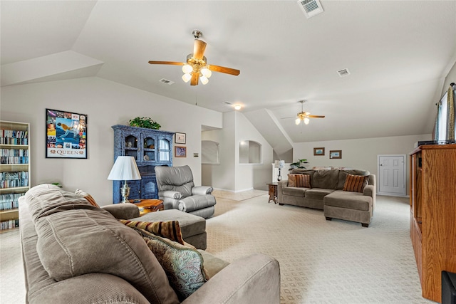 2218 Lashley Ct, Katy, TX 77450 - carpeted living room with vaulted ceiling and a ceiling fan