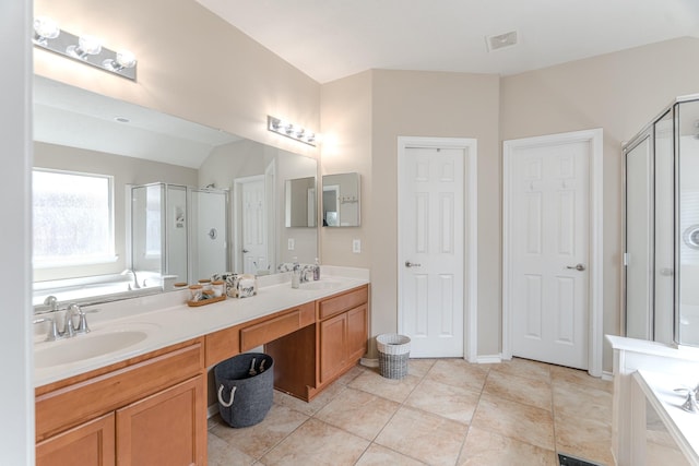 3618 Avalon Spring Ln, Spring, TX 77386 - bathroom with a shower stall, double vanity, a bath, and tile patterned floors