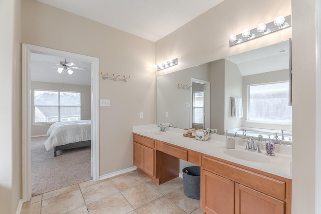 3618 Avalon Spring Ln, Spring, TX 77386 - ensuite bathroom with double vanity, a garden tub, tile patterned flooring, and ceiling fan