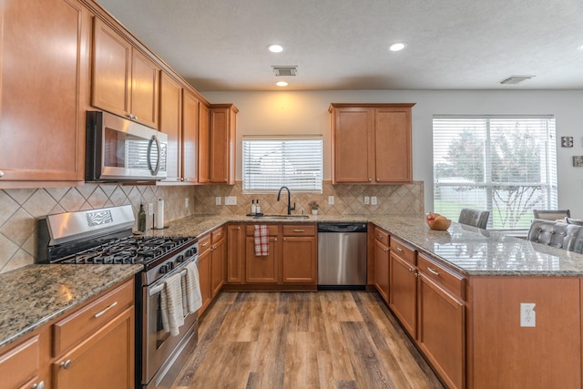 3618 Avalon Spring Ln, Spring, TX 77386 - kitchen with appliances with stainless steel finishes, a peninsula, wood finished floors, light stone countertops, and recessed lighting