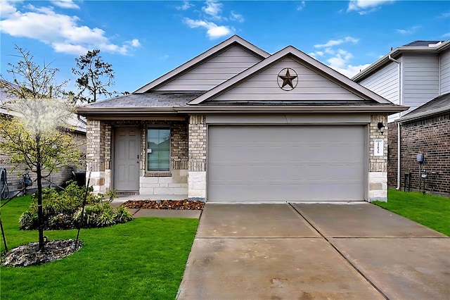 22835 Berthoud Trl, Spring, TX 77373 - ranch-style home featuring a garage, concrete driveway, a front yard, brick siding, and stone siding