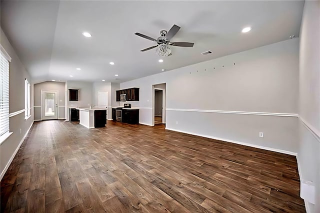 22835 Berthoud Trl, Spring, TX 77373 - unfurnished living room with dark wood-style flooring, a ceiling fan, recessed lighting, and lofted ceiling