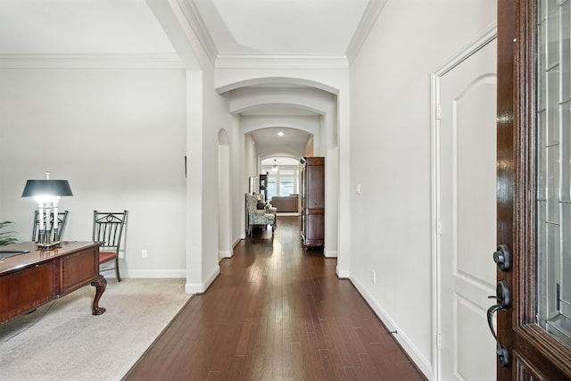 4118 Sage Brush Ct, Manvel, TX 77578 - entrance foyer featuring ornamental molding, dark wood-style flooring, and arched walkways