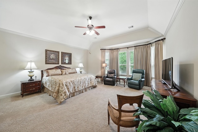 4118 Sage Brush Ct, Manvel, TX 77578 - bedroom with crown molding, light carpet, lofted ceiling, and ceiling fan