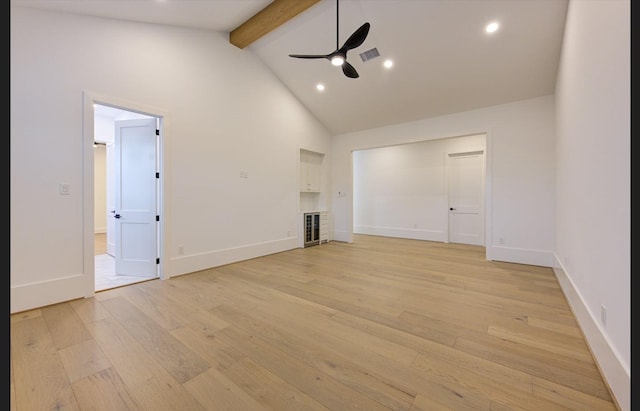 3909 Ella Blvd, Houston, TX 77018 - unfurnished living room with beamed ceiling, a ceiling fan, light wood-type flooring, high vaulted ceiling, and recessed lighting