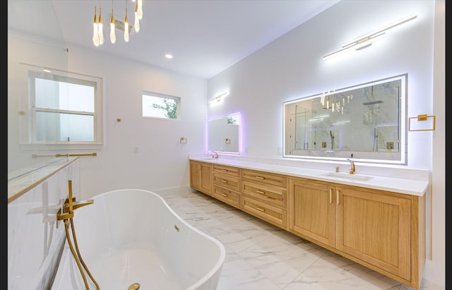 3909 Ella Blvd, Houston, TX 77018 - full bathroom featuring marble look tile flooring, a soaking tub, double vanity, and a shower