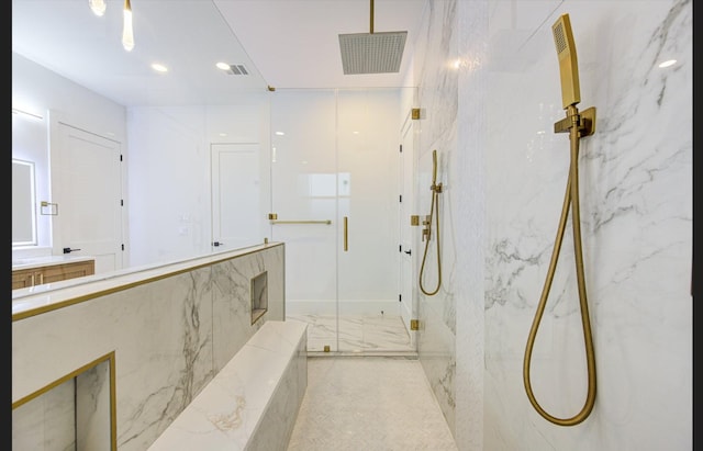 3909 Ella Blvd, Houston, TX 77018 - bathroom with a marble finish shower, recessed lighting, and vanity
