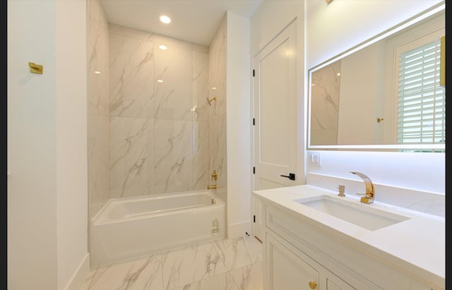 3909 Ella Blvd, Houston, TX 77018 - full bathroom with marble look tile flooring, vanity, bathing tub / shower combination, and recessed lighting