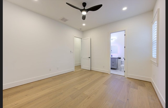 3909 Ella Blvd, Houston, TX 77018 - unfurnished bedroom featuring light wood-style flooring, recessed lighting, connected bathroom, and ceiling fan