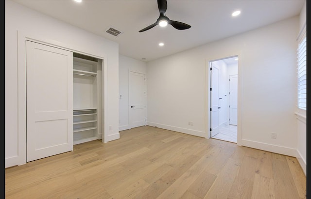 3909 Ella Blvd, Houston, TX 77018 - unfurnished bedroom with light wood-style flooring, recessed lighting, ensuite bath, a closet, and a ceiling fan