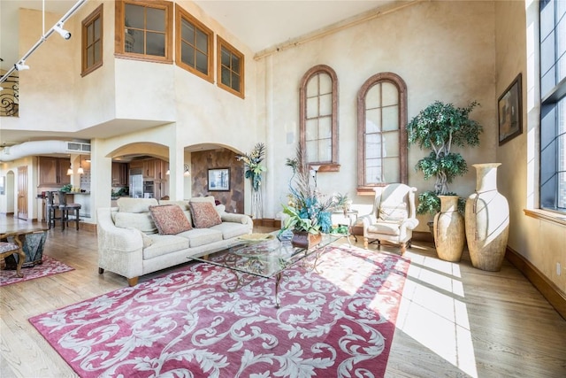 living room with a towering ceiling, light wood-type flooring, and a wealth of natural light