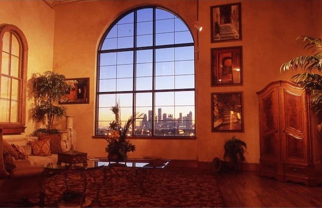 interior space with dark wood-type flooring