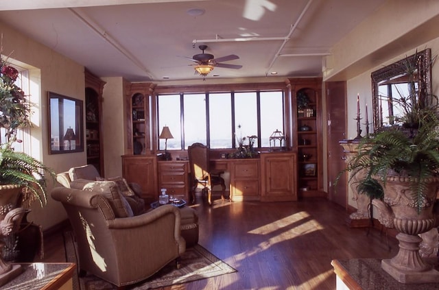 cinema featuring ceiling fan and dark hardwood / wood-style flooring