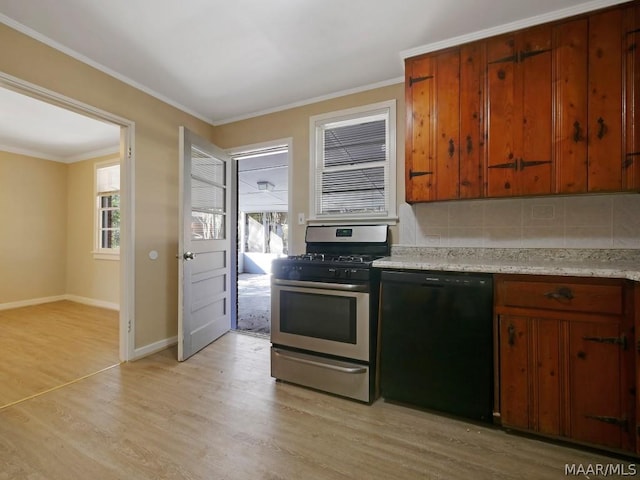 kitchen featuring backsplash, dishwasher, a healthy amount of sunlight, light hardwood / wood-style flooring, and stainless steel gas range