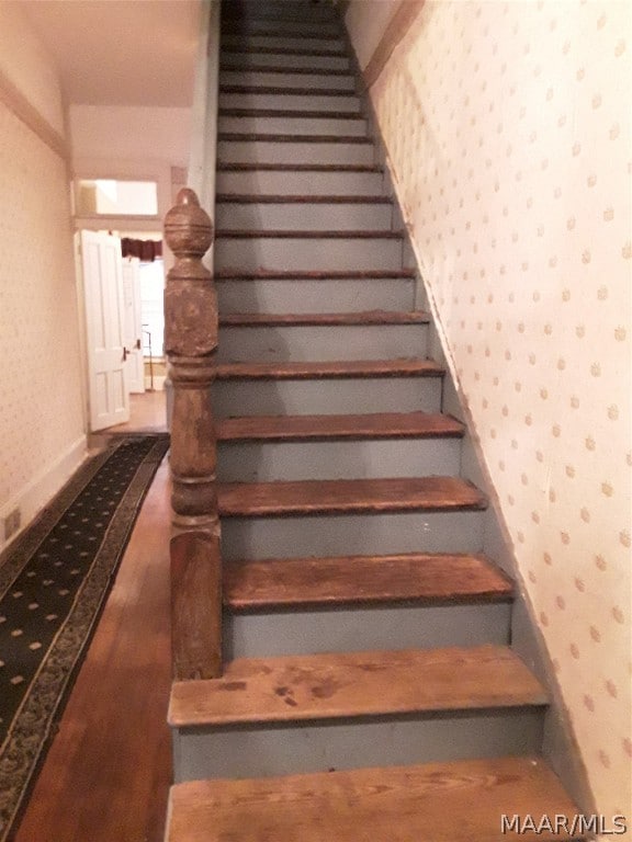 stairway with hardwood / wood-style floors