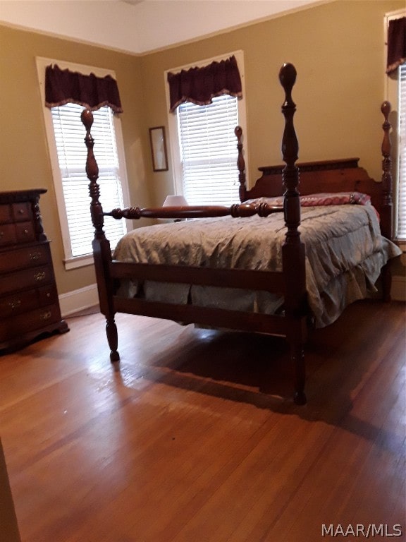bedroom with multiple windows and dark wood-type flooring