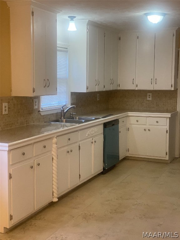 kitchen featuring white cabinets, dishwasher, backsplash, and light tile floors