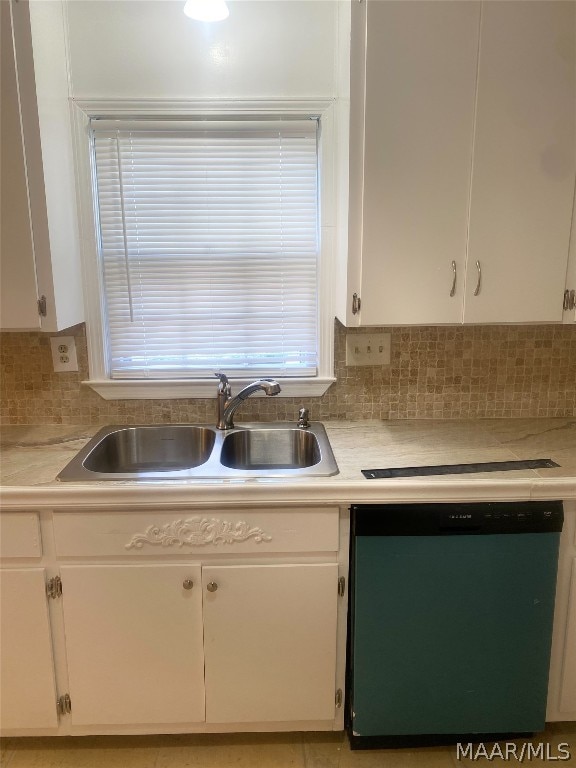 kitchen with backsplash, sink, white cabinetry, and stainless steel dishwasher