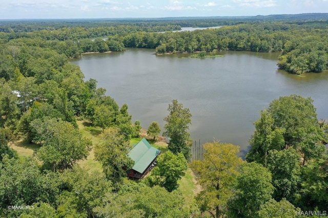 drone / aerial view featuring a forest view and a water view