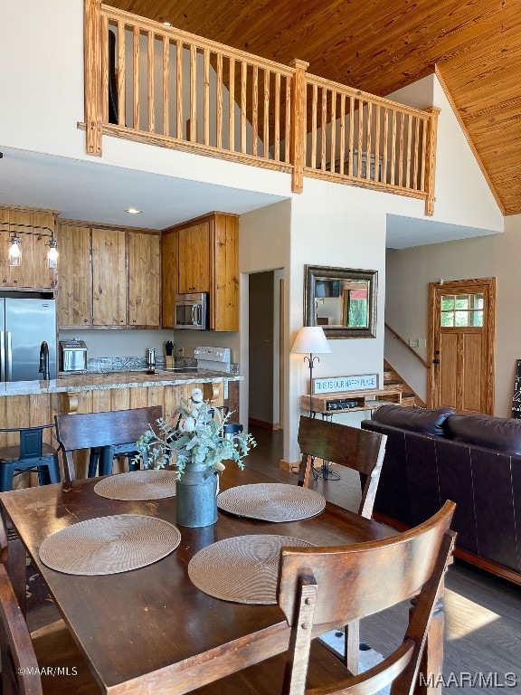 dining room featuring dark hardwood / wood-style flooring, wood ceiling, and high vaulted ceiling