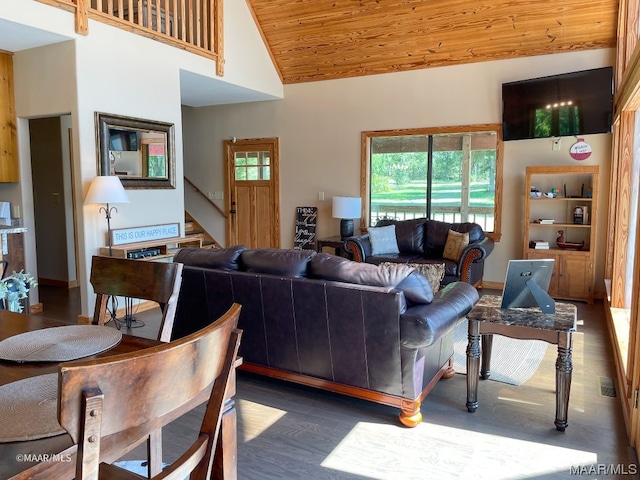 living room with high vaulted ceiling, wooden ceiling, and dark wood-type flooring