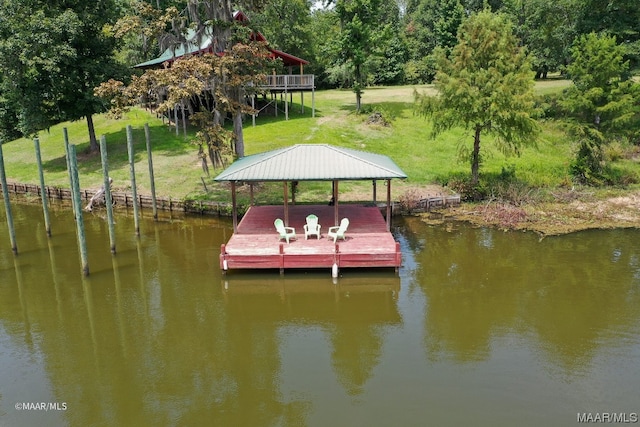 dock area with a gazebo and a water view