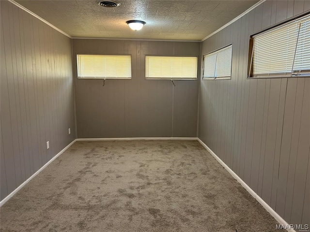 carpeted empty room with a textured ceiling, ornamental molding, and a healthy amount of sunlight