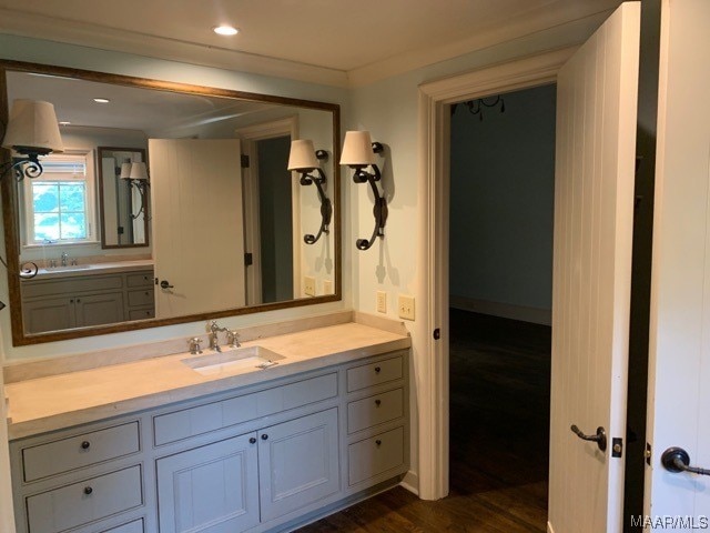 bathroom featuring ornamental molding, hardwood / wood-style flooring, and vanity with extensive cabinet space